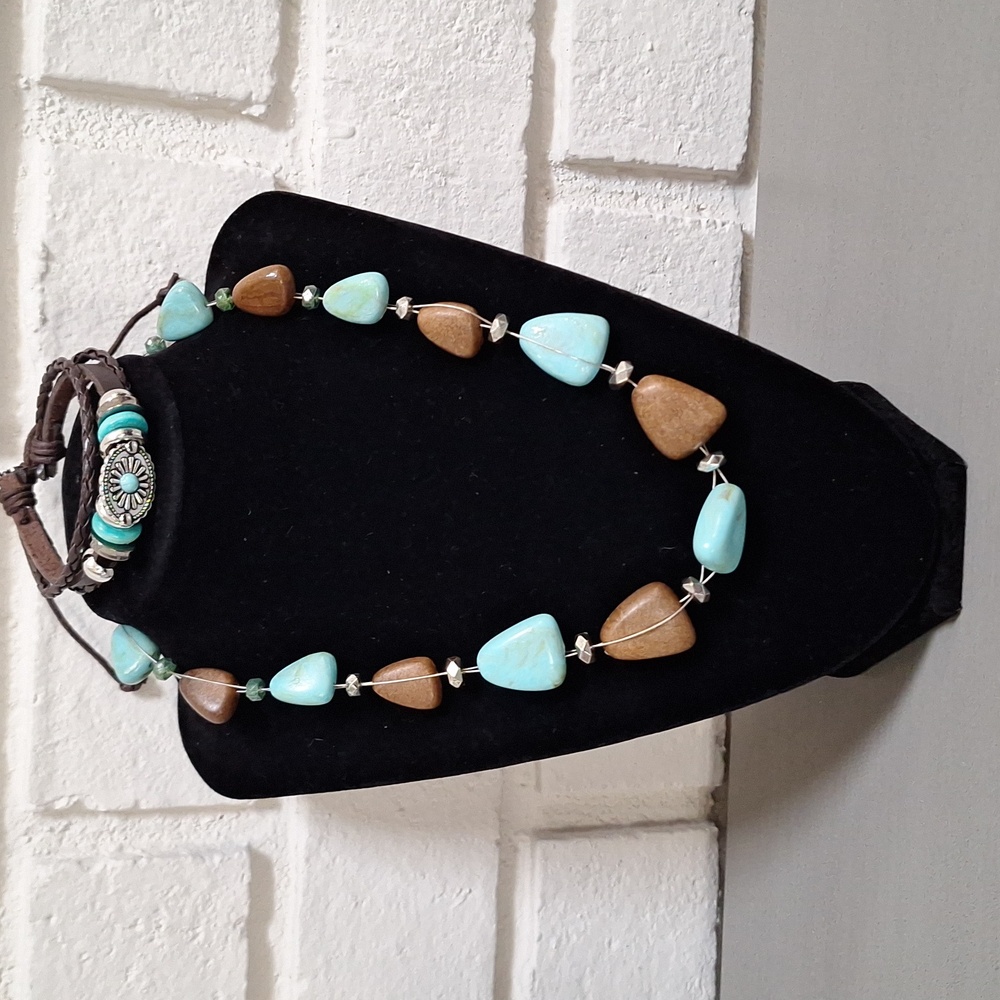 Beautiful Faux Turquoise and Brown Beaded Necklace & Urban Bracelet.
